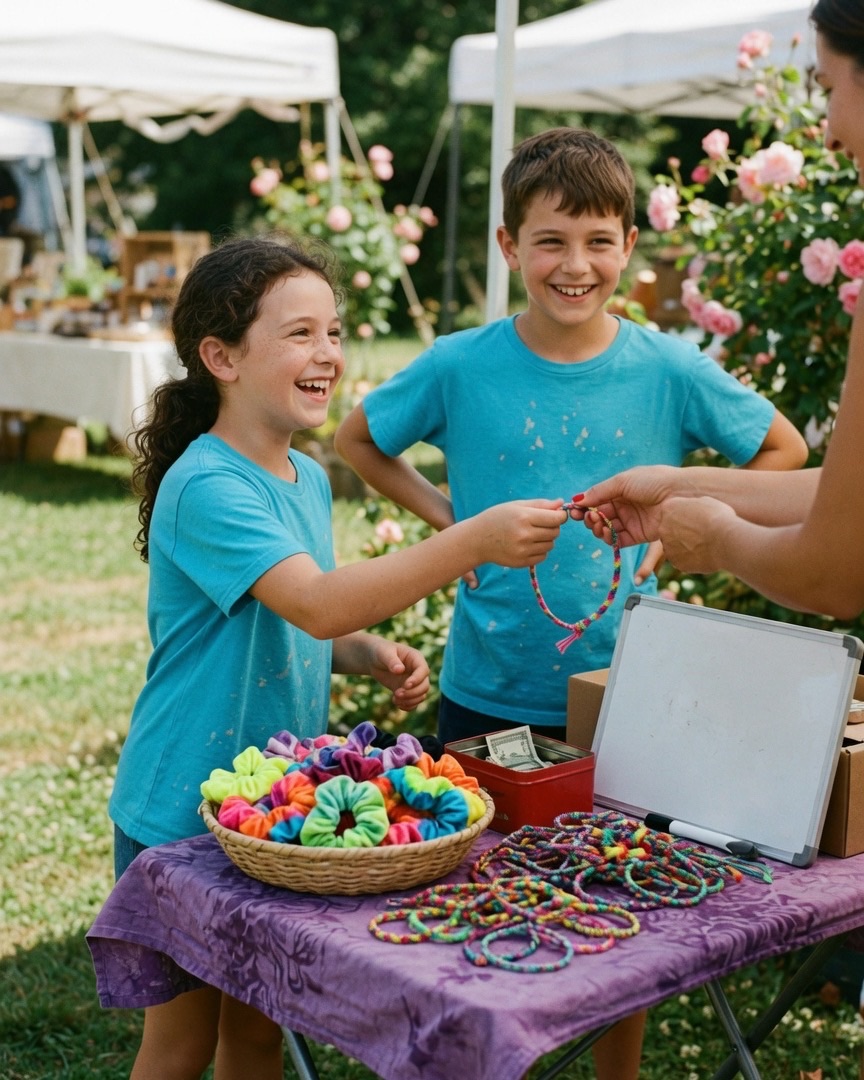 Two kids in turquoise shirts sell friendship bracelets at their own little stand.