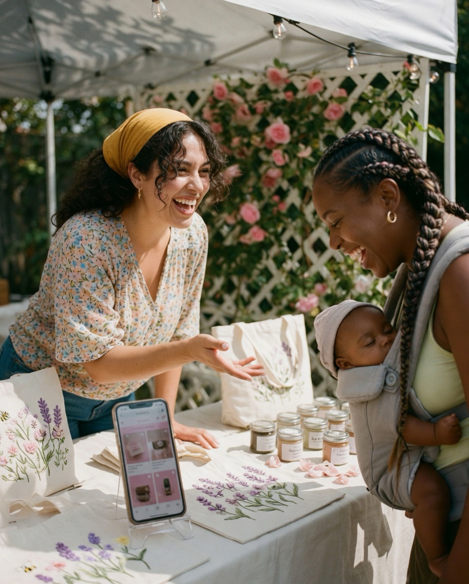 A vendor shows her phone to a laughing mom carrying a baby at her booth of embroidered totes.